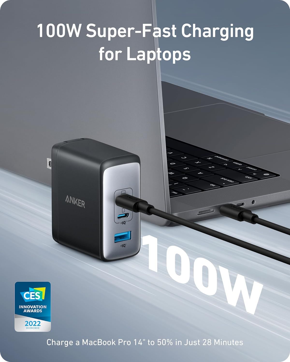 Communicates the high-speed charging capability with specific wattage and time-to-charge metrics to demonstrate superior performance and efficiency for laptop users. Highlights the primary benefit…