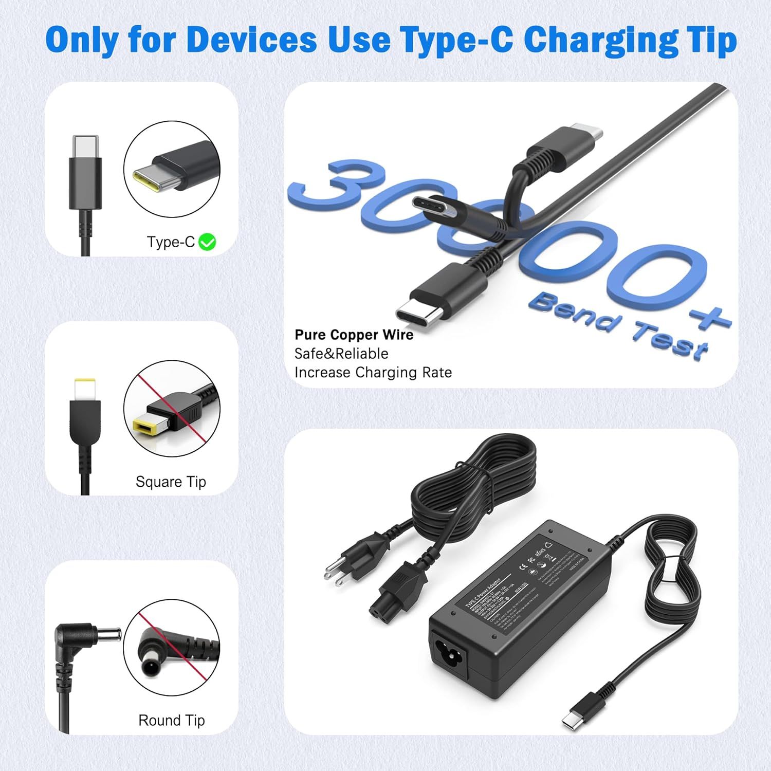 Communicates that this product is specifically designed for Type-C devices only, ensuring shoppers purchase the correct compatible charger and highlighting the safe, reliable pure copper wire…