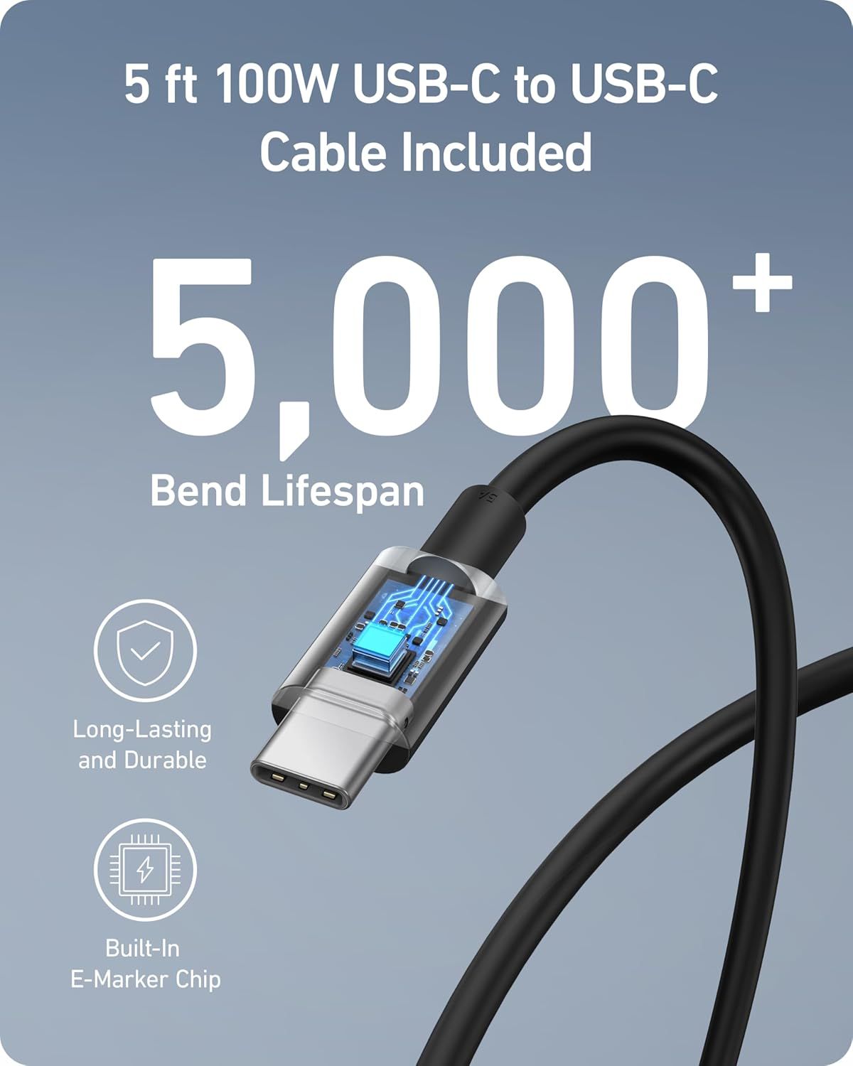 Communicates multiple key benefits of the USB-C cable including exceptional durability with 5,000+ bend lifespan, long-lasting construction, and built-in E-Marker chip technology to reassure…