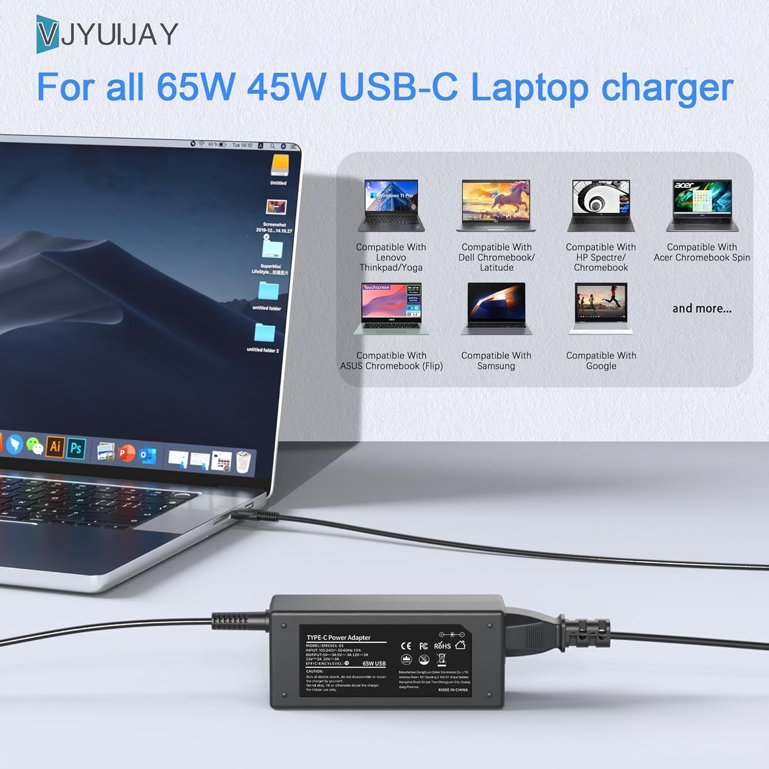 Demonstrates that the USB-C laptop charger is compatible with multiple laptop brands and models including Lenovo, Dell, HP, Acer, ASUS, Samsung, and Google Chromebooks, reassuring shoppers of its…