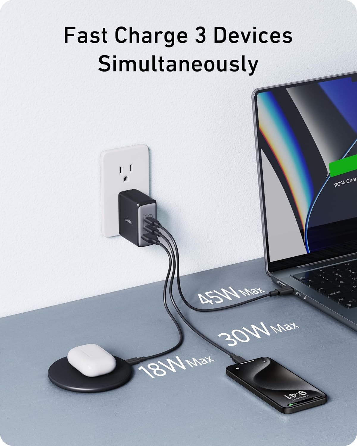 Communicates the charger's multi-device fast charging capability with specific wattage outputs for each port, reassuring shoppers of its power and versatility. Highlights the core benefit of…