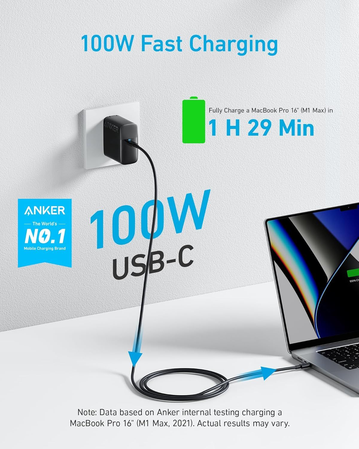 Communicates the powerful 100W charging capability and specific time metric to fully charge a MacBook Pro, demonstrating fast charging performance and efficiency. Highlights the key benefit of rapid…