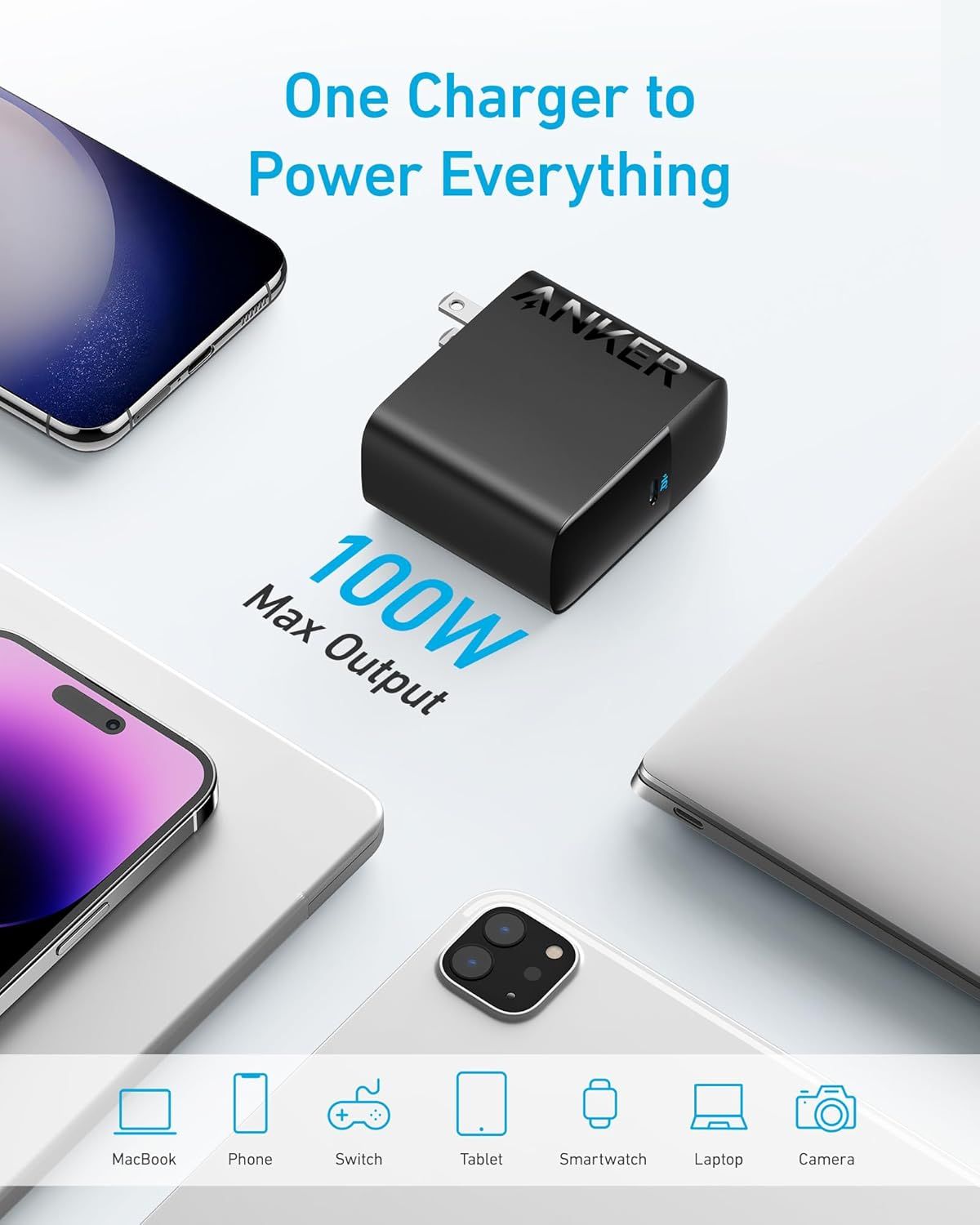 Demonstrates the charger's versatility by showing it can power multiple device types (MacBook, Phone, Switch, Tablet, Smartwatch, Laptop, Camera), reassuring shoppers of its broad compatibility and…