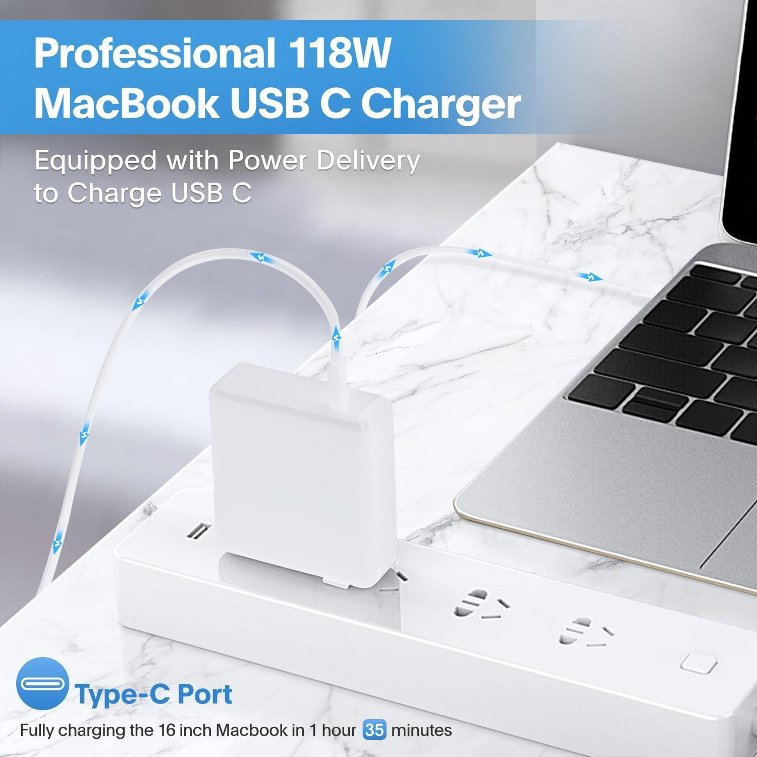 Communicates the powerful 118W charging capability and fast charging time (1 hour 35 minutes for 16-inch MacBook) to demonstrate the product's high performance and efficiency. Highlights the…