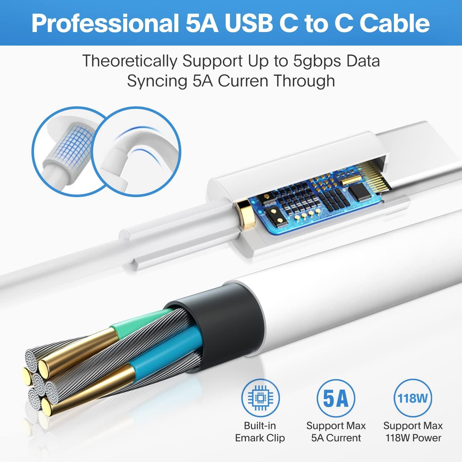 This image breaks down the internal construction and components of the USB-C cable to demonstrate its professional-grade quality, highlighting the built-in chip, reinforced connectors, and internal…