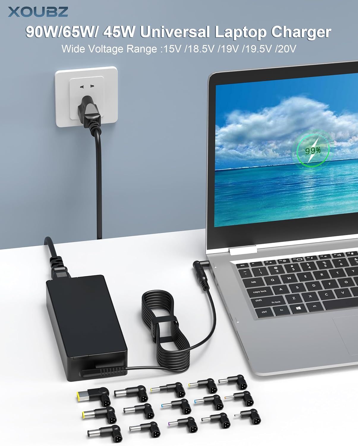 Shows the customer everything included in the package: the charger unit, power cable, and multiple connector tips for compatibility with different laptop models. Demonstrates the charger's…