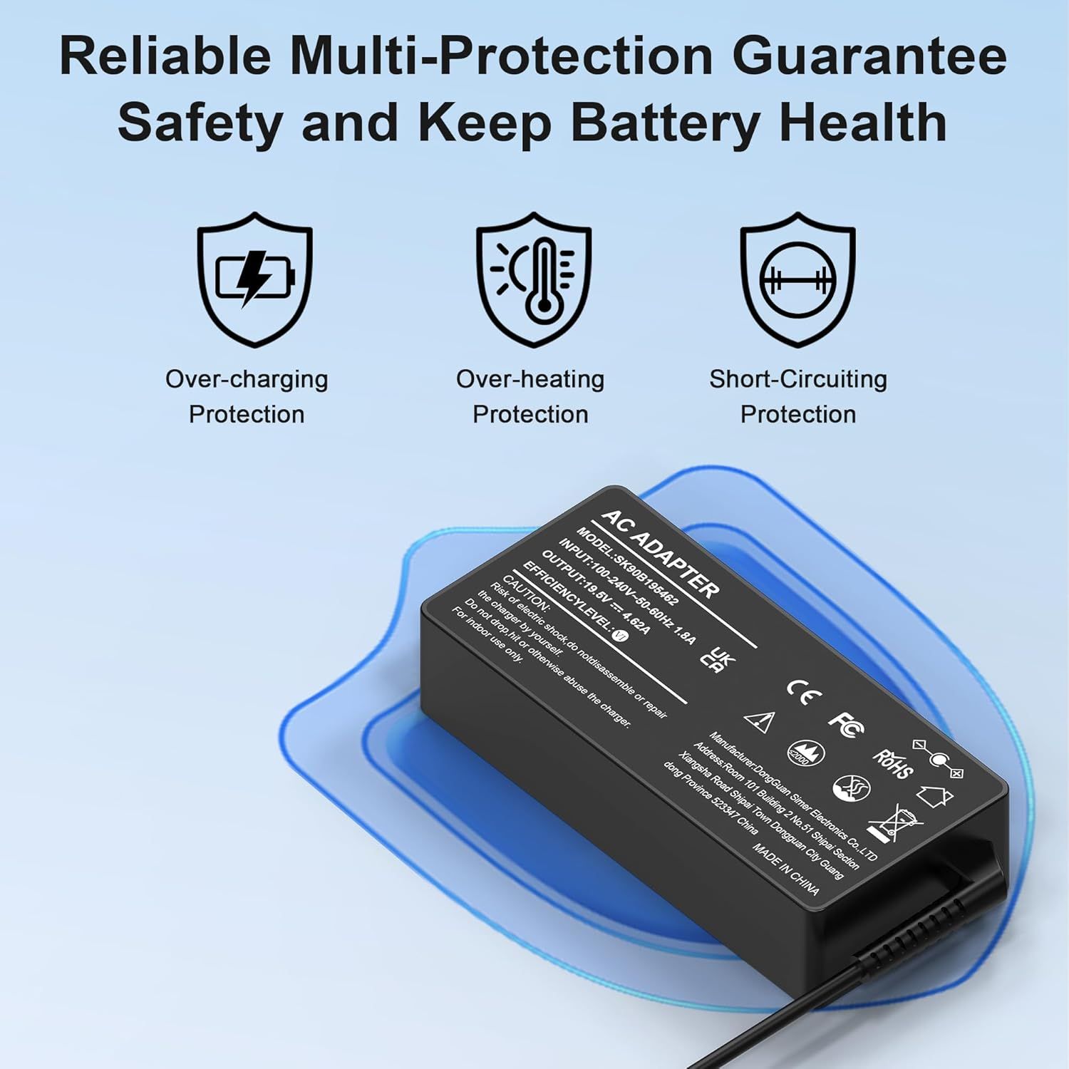 Communicates the AC adapter's multiple built-in safety protections to reassure shoppers that the product will keep their battery and device safe during charging.