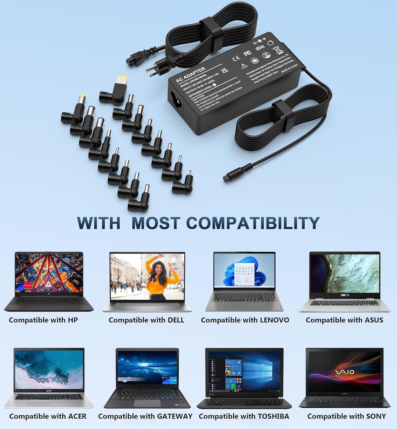 Demonstrates that the AC adapter is compatible with multiple major laptop brands (HP, Dell, Lenovo, Asus, Acer, Gateway, Toshiba, Sony) and includes multiple connector tips to fit different devices,…