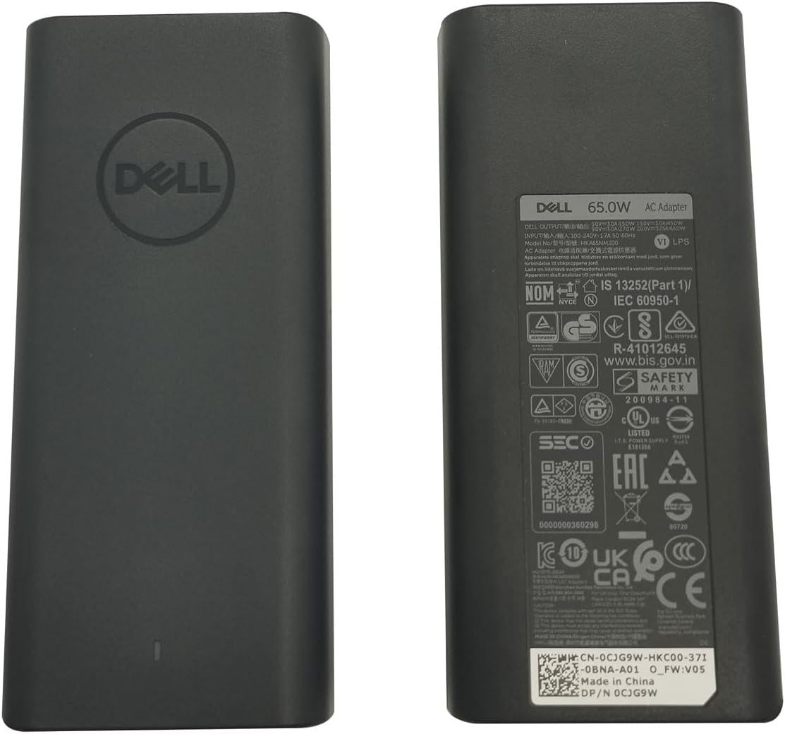 Shows the Dell AC adapter from both front and back angles to give shoppers a complete visual understanding of the product's physical appearance and specifications label.