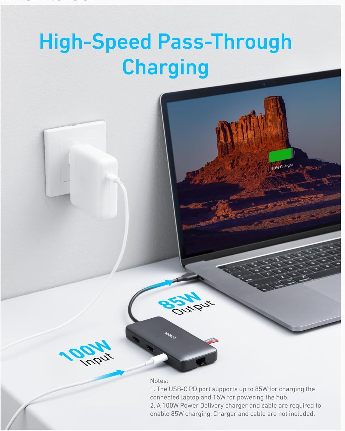 Demonstrates that the USB hub allows fast pass-through charging while in use, reassuring shoppers that their laptop can charge at high speeds (85W) even while using the hub's ports.
