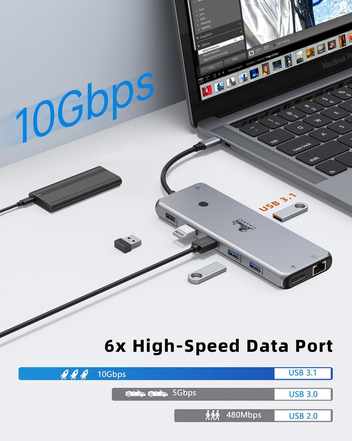 Communicates the product's high-speed data transfer capability (10Gbps) and multiple port options to reassure shoppers of fast, efficient connectivity and performance. Highlights the primary benefit…