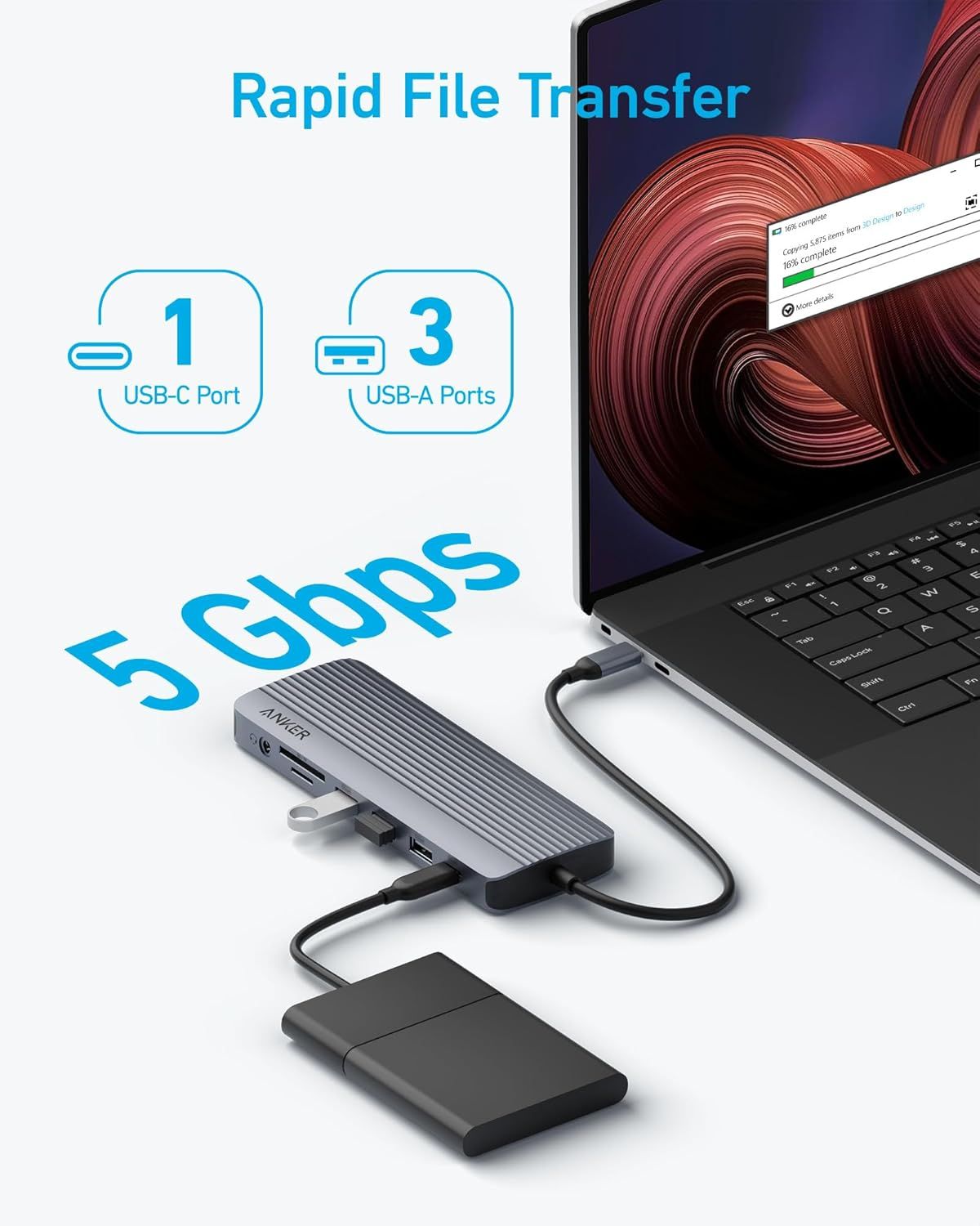 Communicates the fast data transfer speed of 5 Gbps to reassure shoppers that the USB hub enables rapid file transfers between devices. Highlights the primary benefit of fast file transfer…
