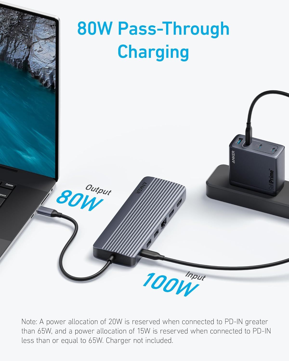 Communicates the high-wattage charging capabilities of the hub, emphasizing fast pass-through charging performance to reassure shoppers about power efficiency and device compatibility. Highlights…