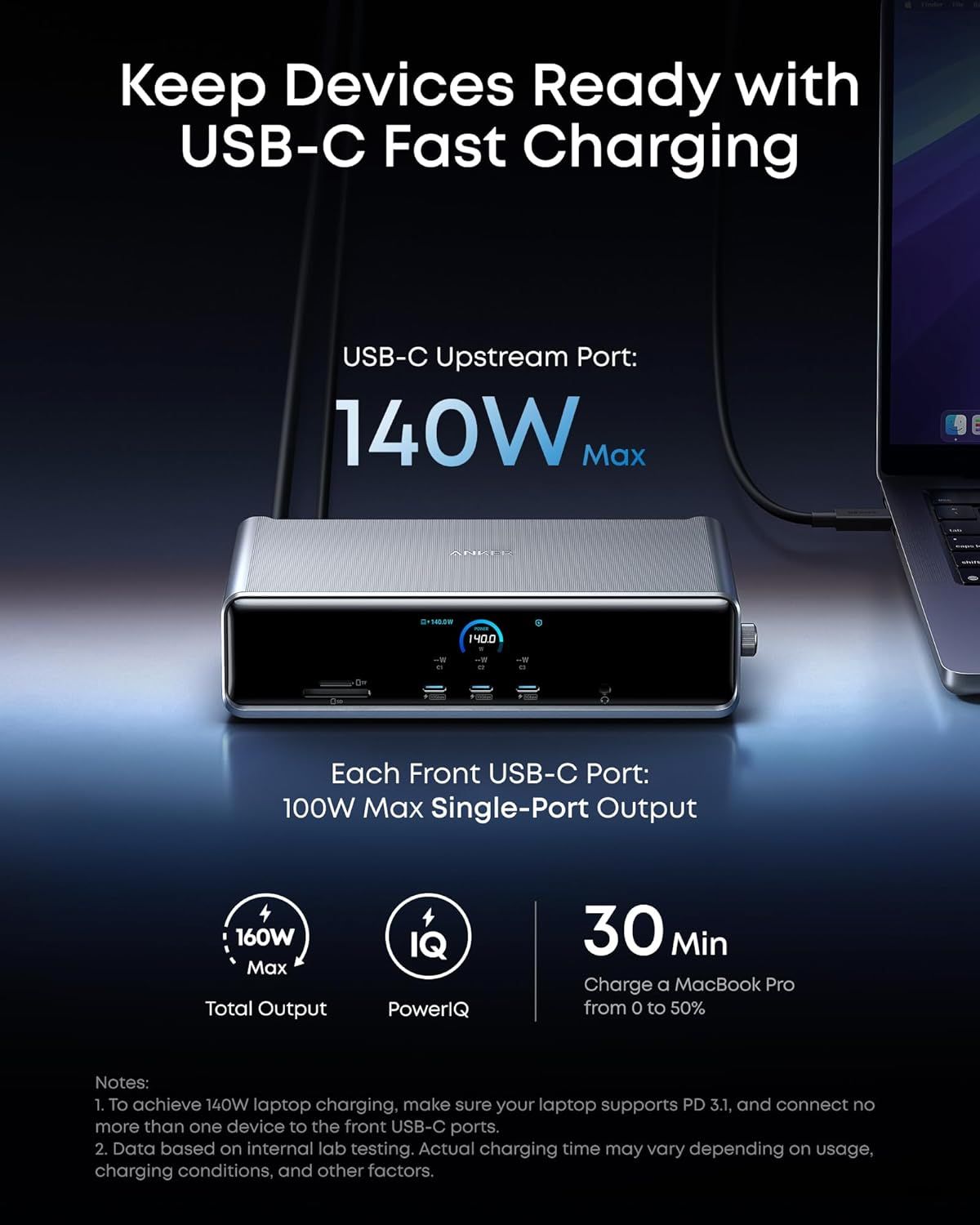 Communicates the powerful charging capabilities of the product through multiple quantifiable performance metrics, emphasizing fast charging speeds and high wattage output to reassure shoppers of its…