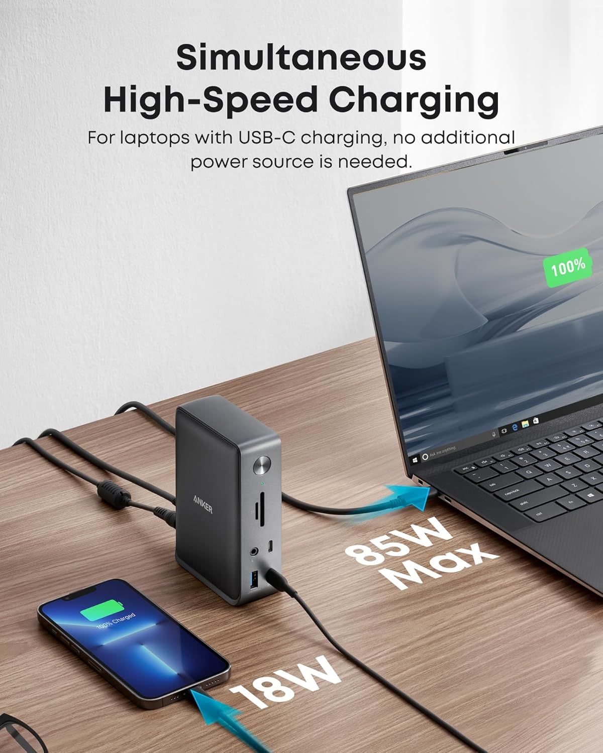 Communicates the product's powerful charging capabilities with specific wattage metrics (85W for laptops, 18W for phones) to demonstrate fast, simultaneous charging performance. Highlights the key…