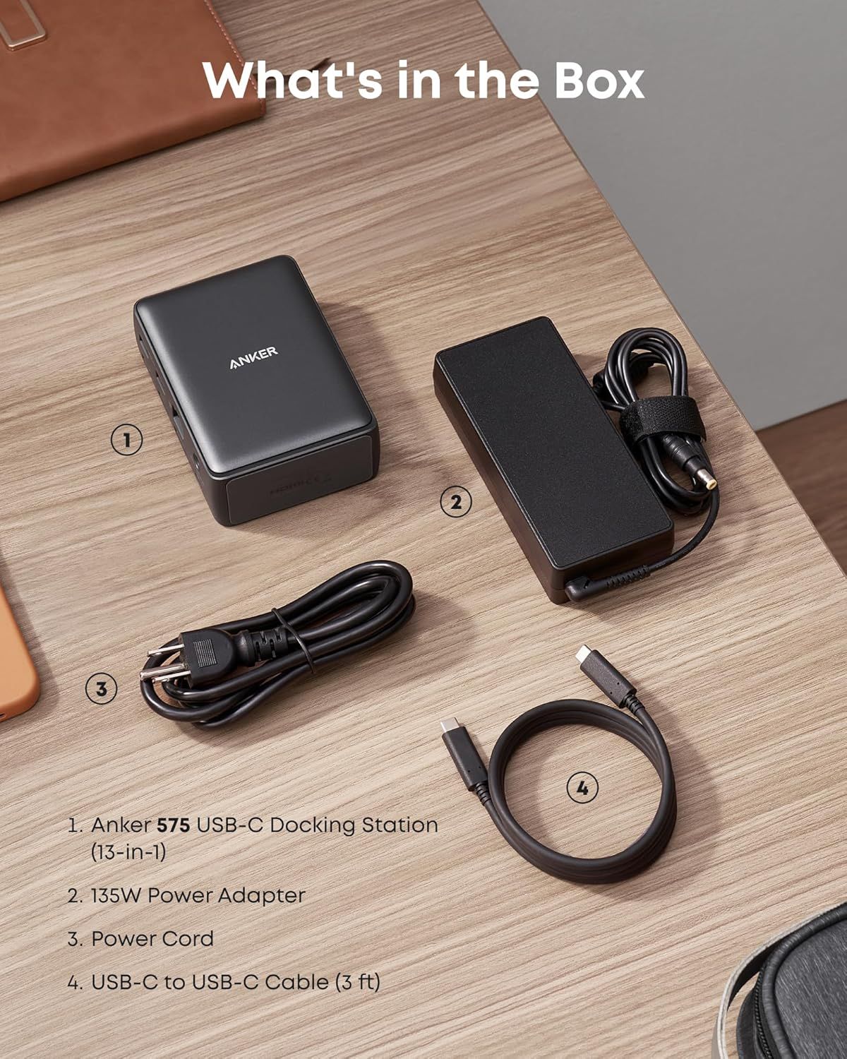 Shows the customer everything included in the box—the docking station, power adapter, power cord, and USB-C cable—to set clear expectations and demonstrate completeness of the purchase.