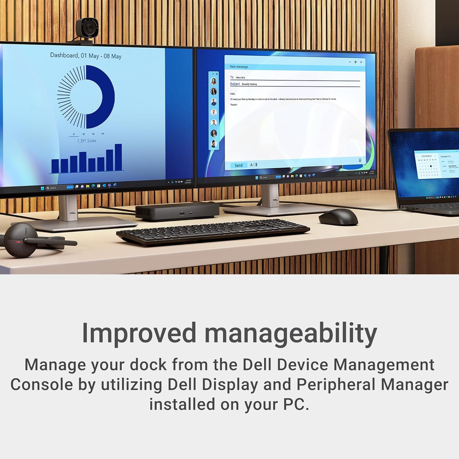 Communicates that the Dell dock can be easily managed through Dell Device Management Console software, reassuring IT professionals and business users about centralized control and ease of…