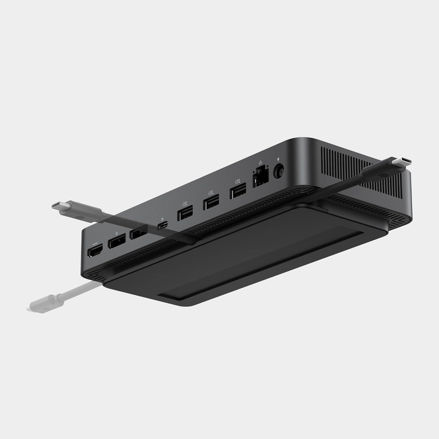 Shows the physical components and port layout of the docking station, helping shoppers understand what connections are available and where they are located on the device.