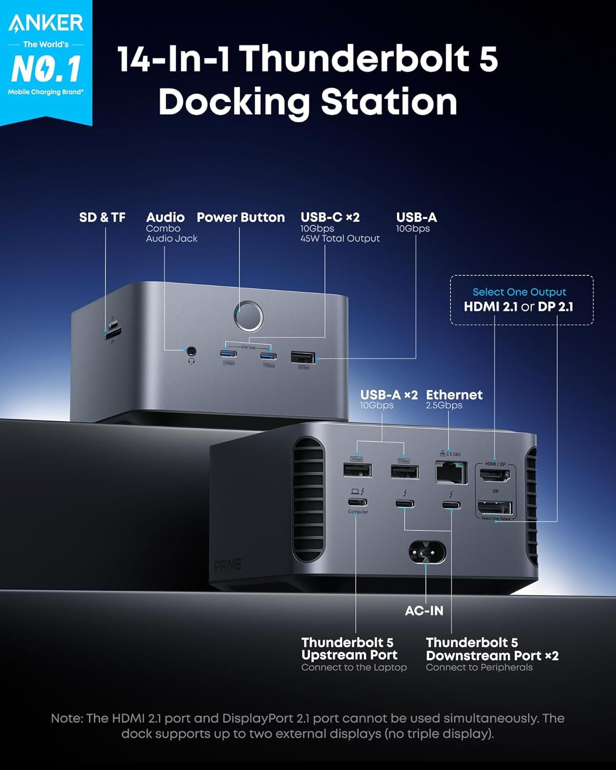 This image breaks down all the physical ports and connection points on the docking station, helping shoppers understand the comprehensive connectivity options and where each port is located on the…