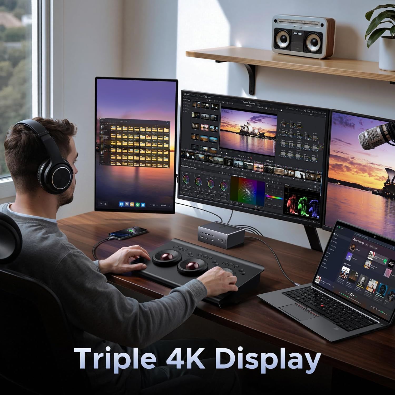 Communicates the product's capability to support three 4K displays simultaneously, demonstrating its high-performance multi-monitor output for professional workflows. Shows how the product enables…