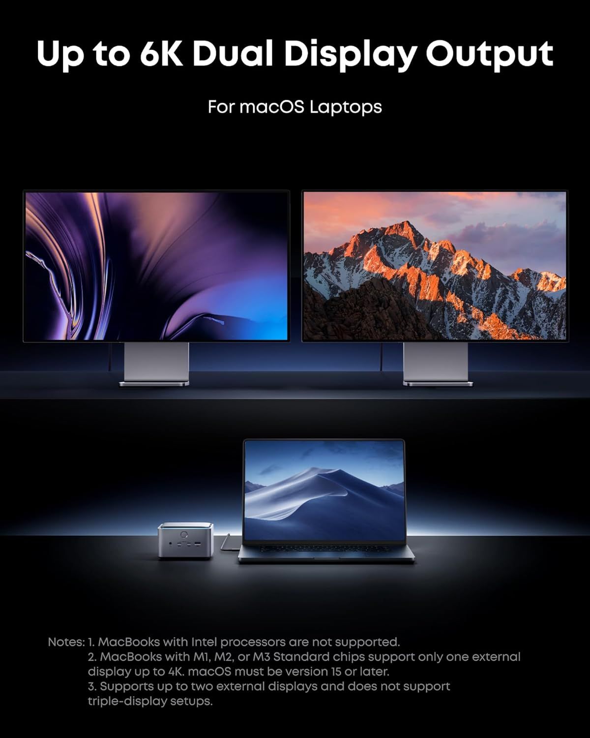Communicates the product's high-performance capability to support up to 6K resolution on dual external displays for macOS laptops, reassuring shoppers of its powerful display output specifications.…