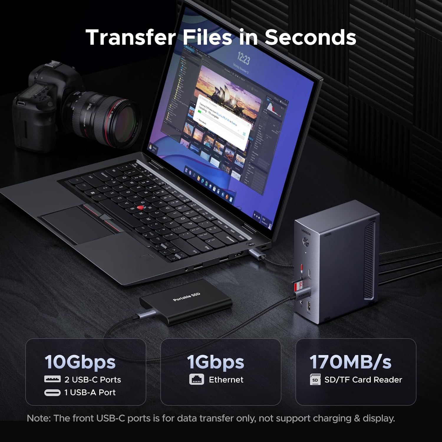 Communicates the product's multiple connectivity and data transfer capabilities, emphasizing speed and versatility for professional users who need to transfer files quickly from cameras and other…