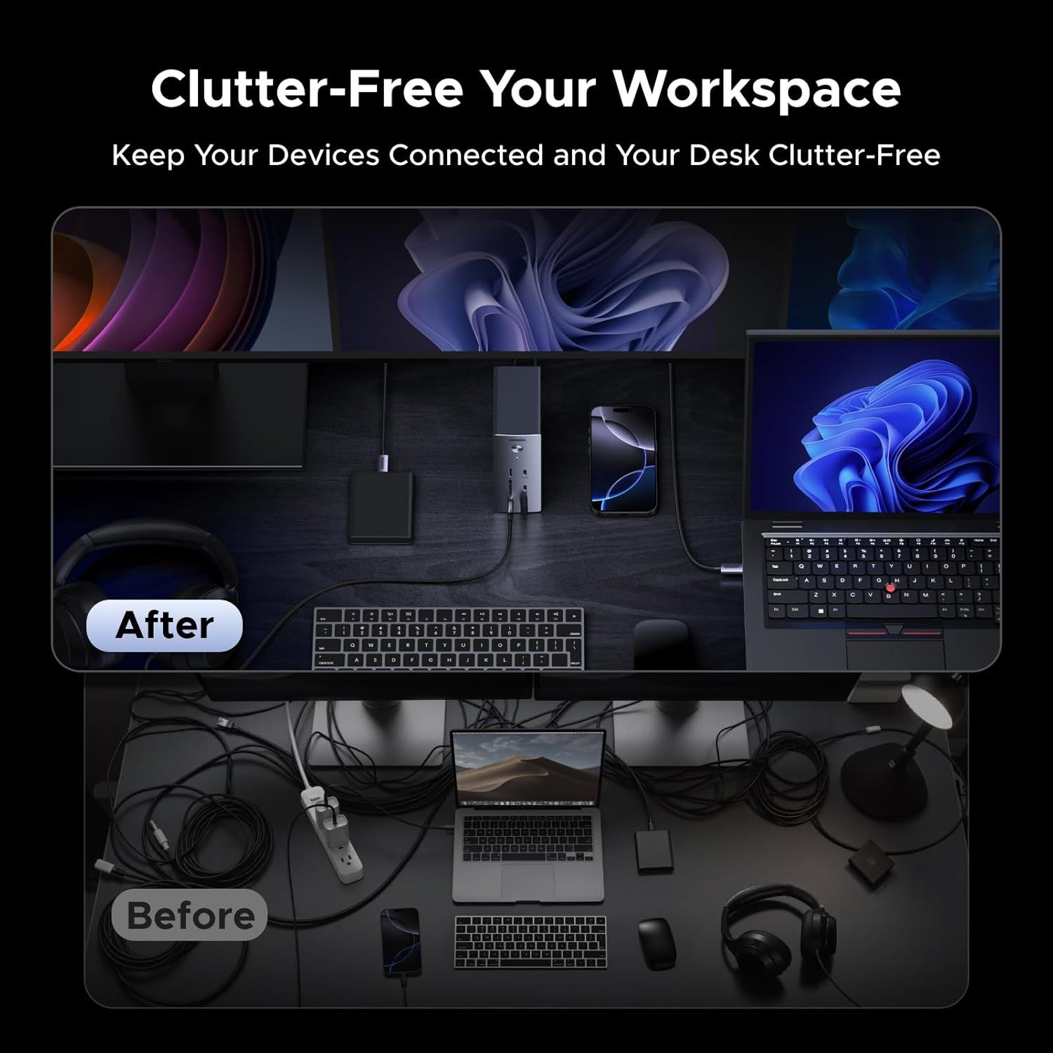 Demonstrates the transformation from a cluttered, cable-filled workspace to a clean, organized desk setup, showing how the product helps manage devices and reduce desk clutter.