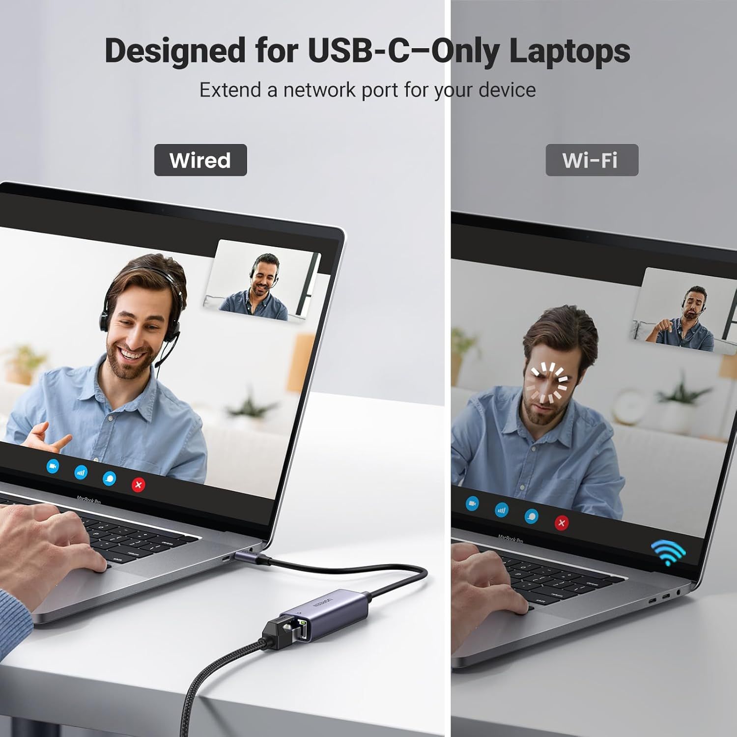 Demonstrates the two connectivity modes (wired and wireless) available for USB-C-only laptops, showing shoppers the product's versatility in different networking scenarios. Communicates that the…