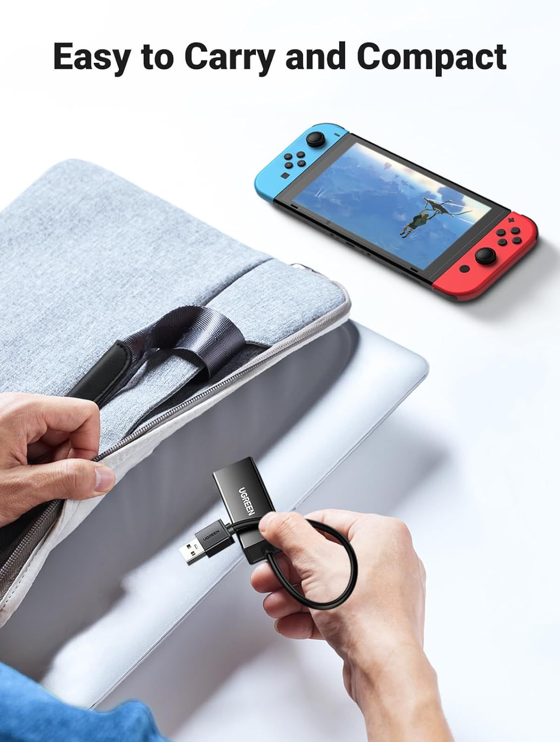 Demonstrates that the product is portable and compact, fitting easily into a travel bag alongside other devices like a gaming console and laptop, reassuring shoppers about its convenience for…