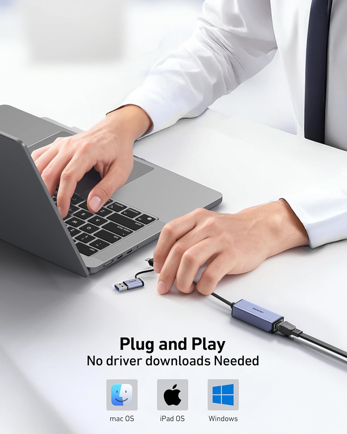 Demonstrates the ease of use by showing the simple plug-and-play setup process, reassuring shoppers that no technical installation or driver downloads are needed across multiple operating systems.…