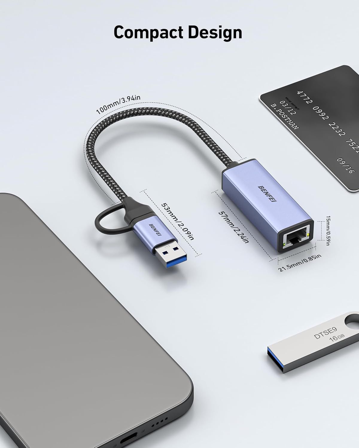 Communicates the product's compact, portable size through precise dimensional measurements, reassuring shoppers that the USB adapter is travel-friendly and space-efficient.