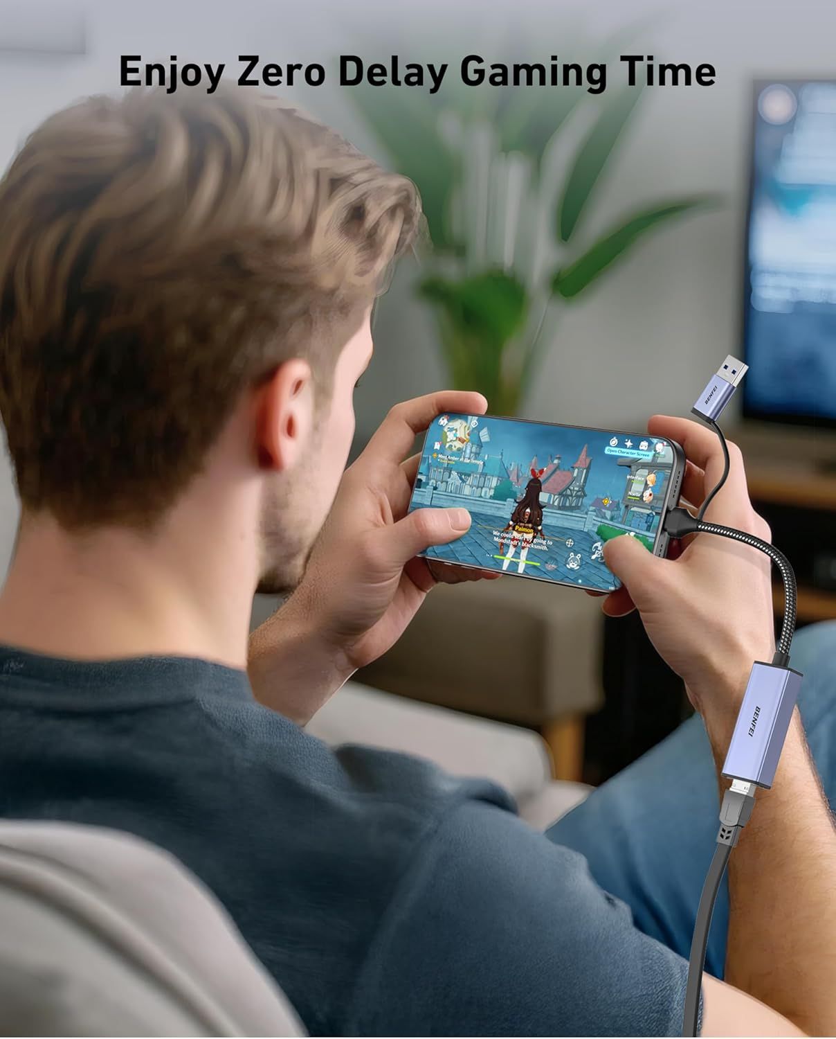 Communicates that the product (USB adapter/cable) enables lag-free, zero-delay gaming on mobile devices, reassuring gamers of smooth performance.