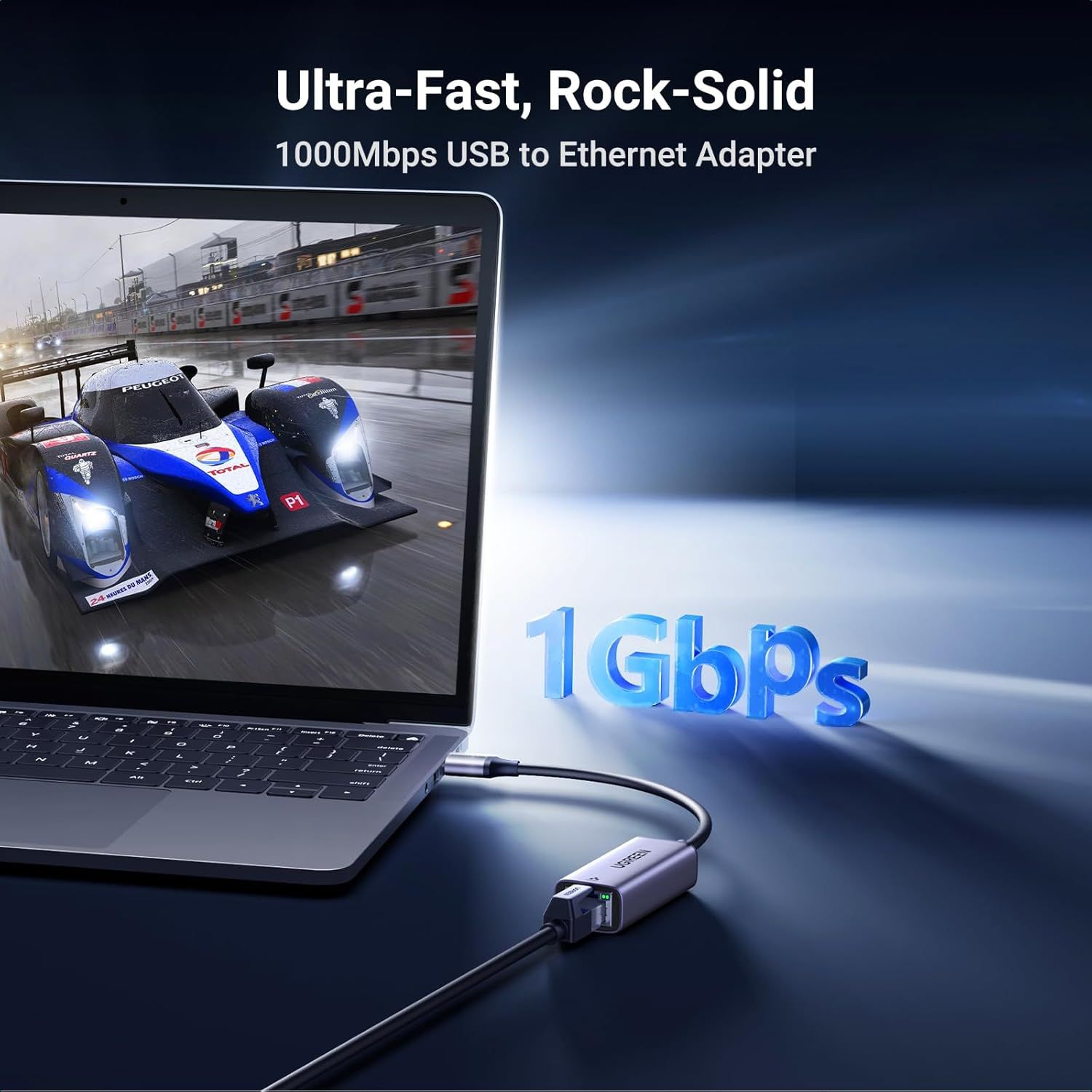 Communicates the ultra-fast 1Gbps data transfer speed of the USB to Ethernet adapter, emphasizing high-performance connectivity for gaming and streaming. Highlights the adapter's speed and…