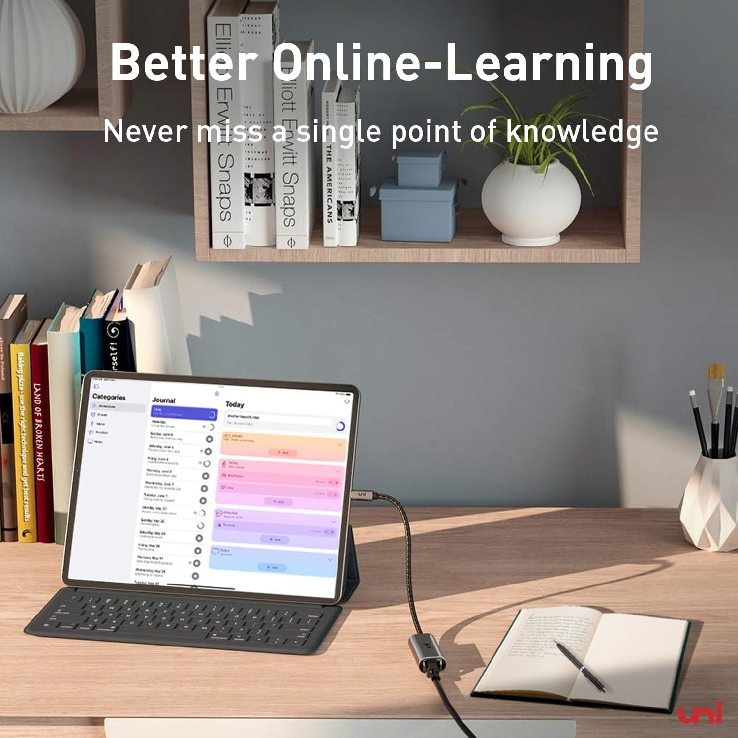 Demonstrates the product's use case for online learning and studying, showing how it fits into an educational workspace setup to reassure shoppers it's ideal for students and remote learners.…