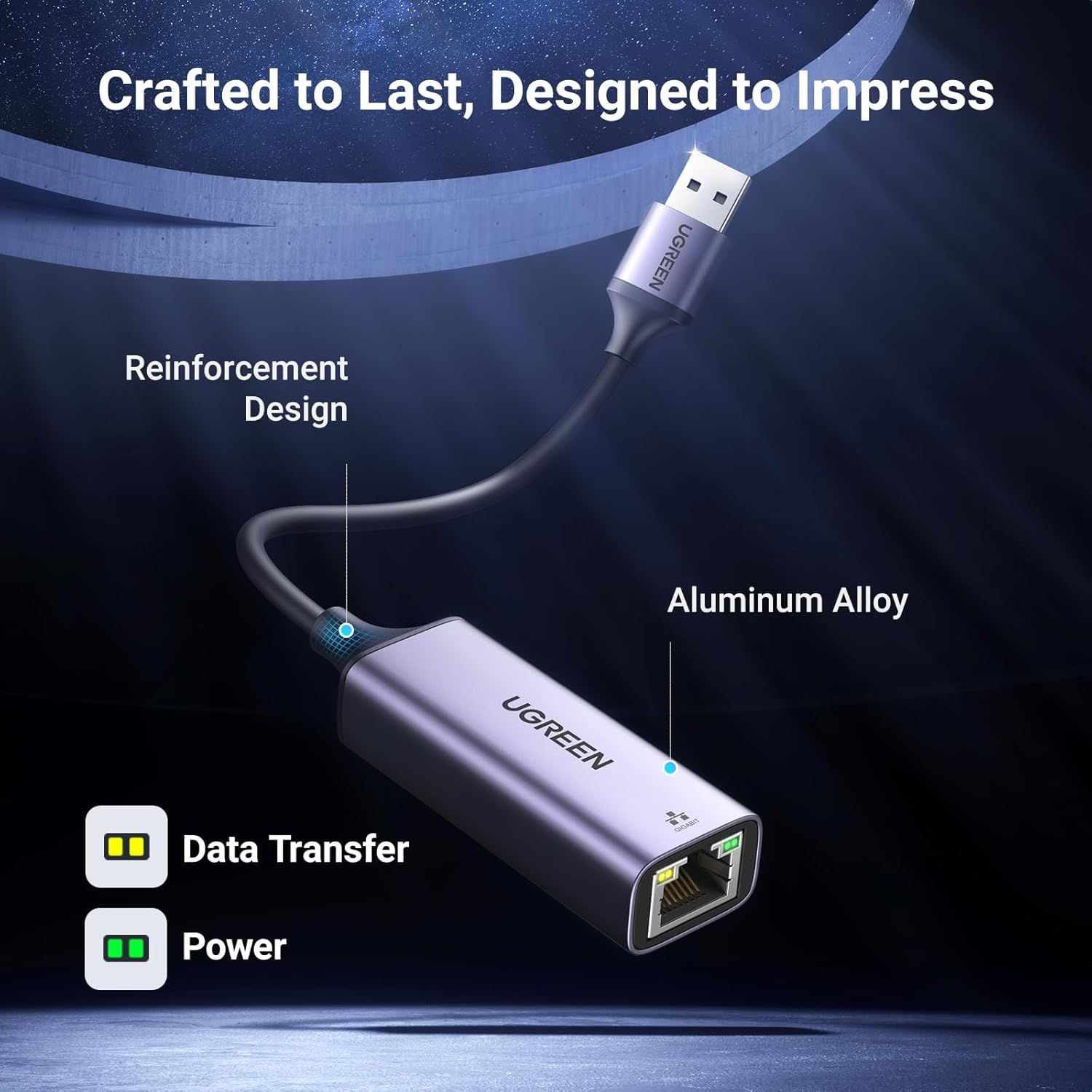 Breaks down the physical components and construction of the USB adapter to demonstrate its premium build quality and functional features. Highlights multiple distinct benefits including durability,…