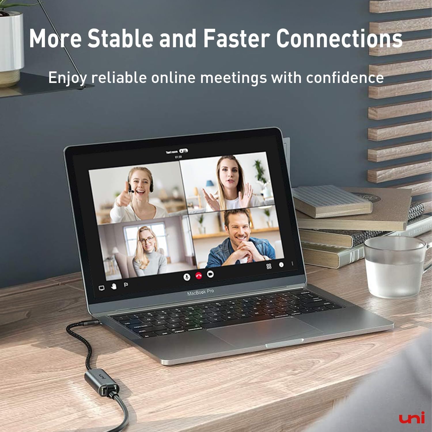 Communicates that the product (likely a cable or adapter) provides reliable, stable, and fast connectivity for online meetings, reassuring shoppers about connection quality and performance.