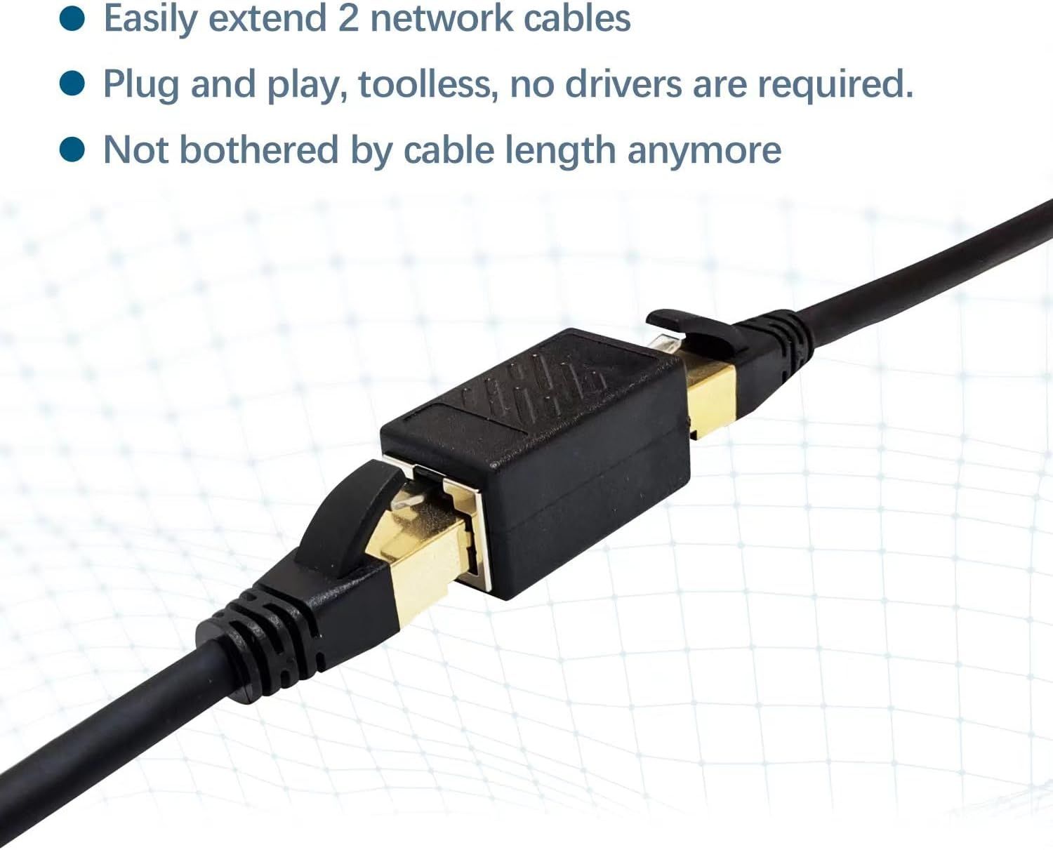Communicates that the product allows users to easily extend network cables without tools or drivers, solving cable length limitations with a simple plug-and-play solution.