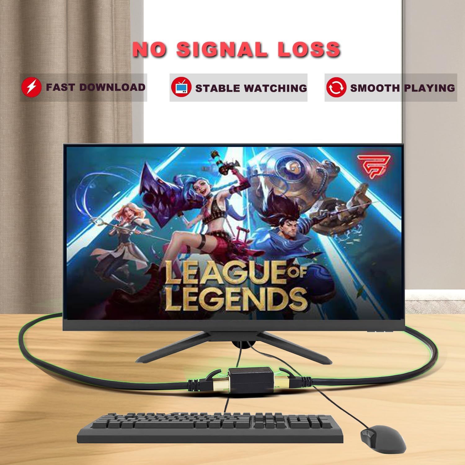 Communicates multiple performance benefits of the cable/connection product, emphasizing reliable connectivity and superior streaming/gaming performance for users.