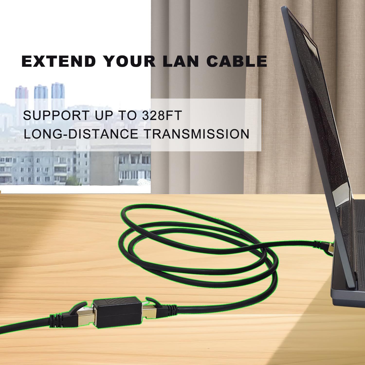 Communicates the impressive cable length capability to reassure shoppers that this LAN cable extender can support long-distance connections up to 328 feet. Highlights the primary benefit of…