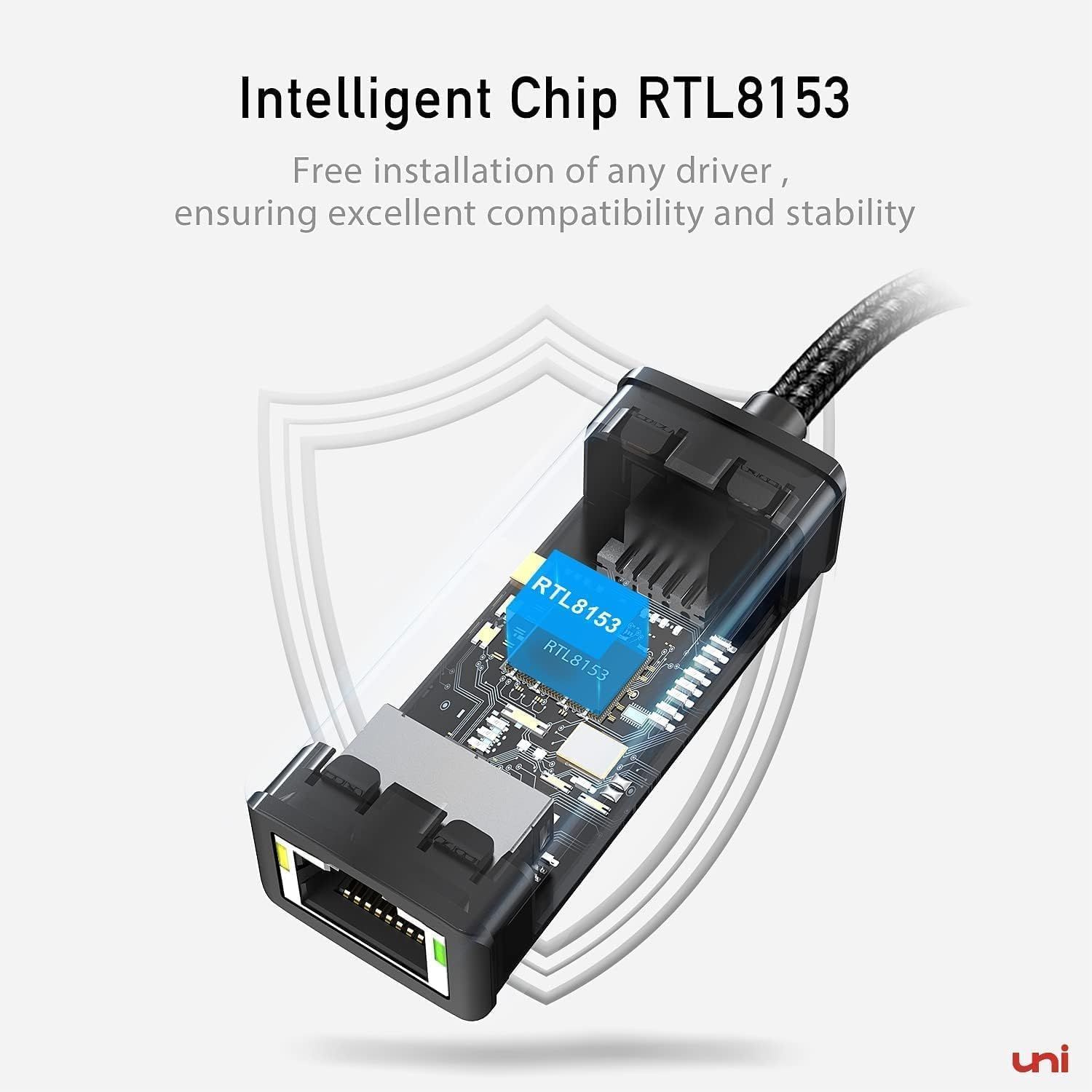 Highlights the internal intelligent chip (RTL8153) to reassure shoppers of the product's quality, compatibility, and stability through advanced technology. Communicates the key benefit of easy setup…
