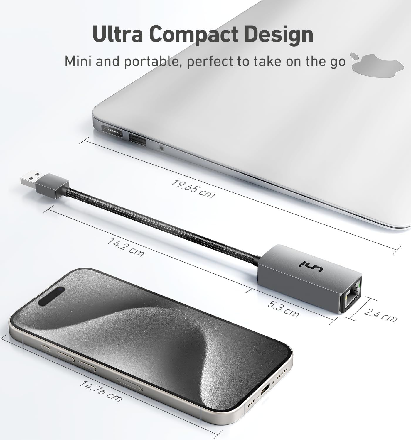 Communicates the ultra-compact and portable nature of the product by showing exact physical dimensions of the cable and adapter, reassuring shoppers it's travel-friendly and space-efficient.
