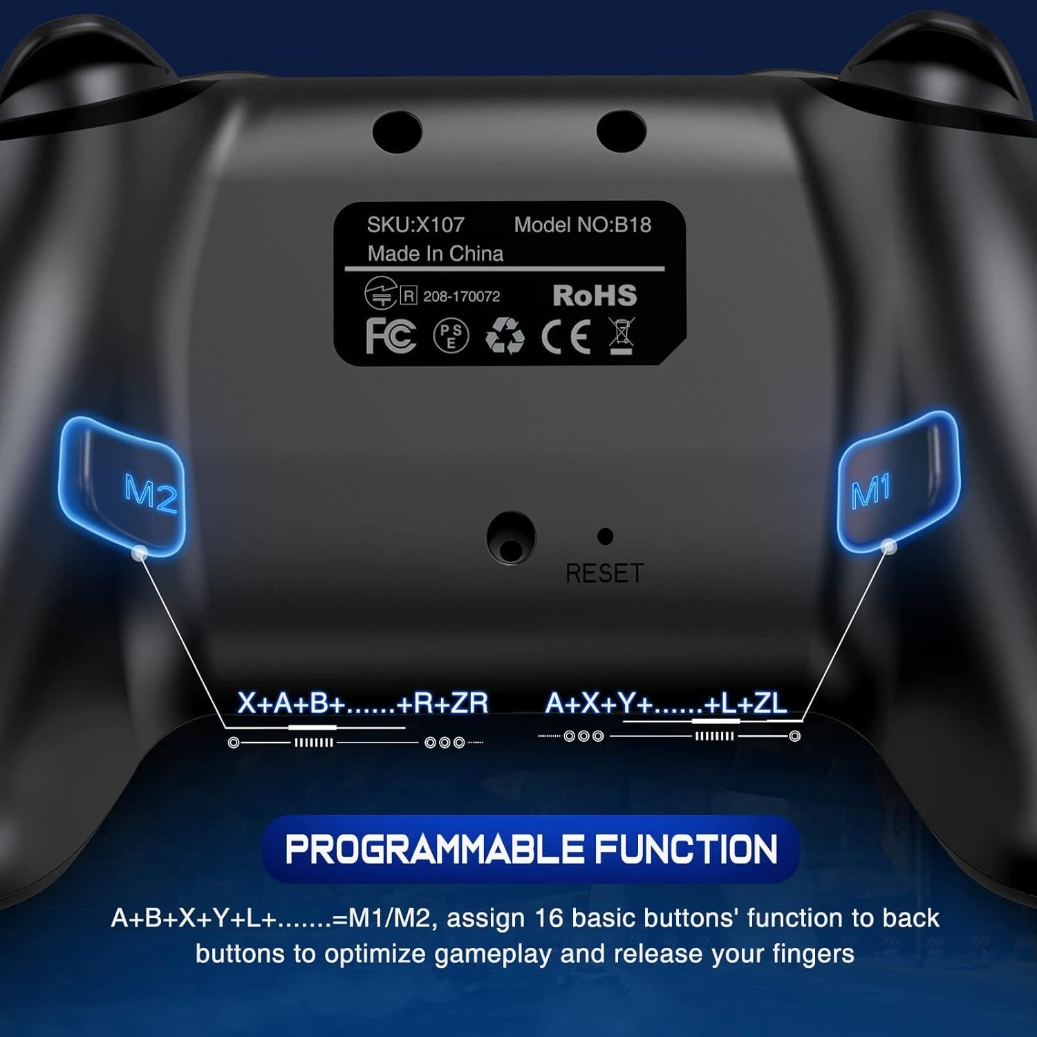 Highlights the controller's programmable back buttons (M1/M2) that allow gamers to assign 16 basic button functions to optimize gameplay and improve ergonomics.