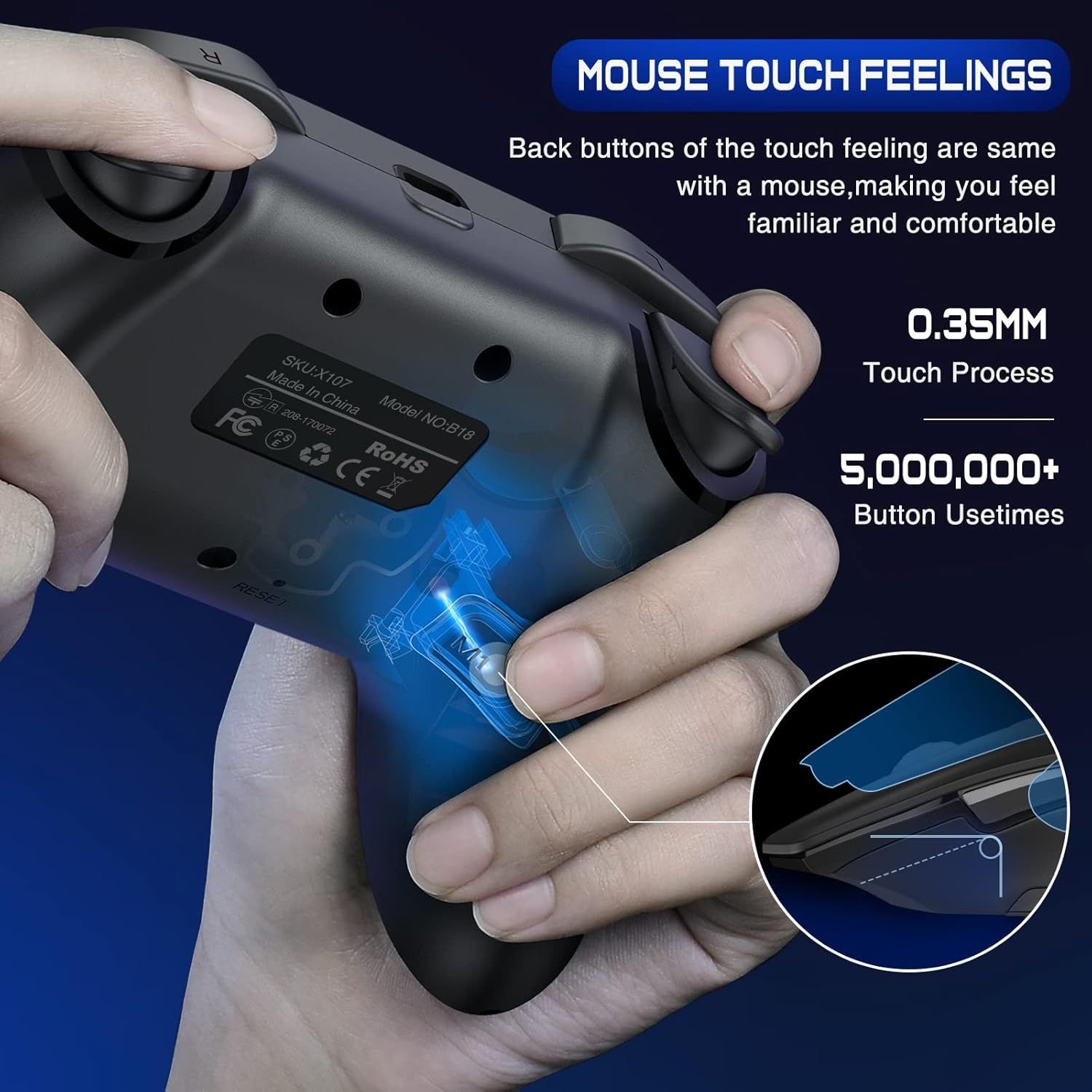 Communicates multiple technical benefits of the gaming controller's back buttons, emphasizing familiar ergonomics, precision engineering, and durability to reassure gamers of quality and longevity.