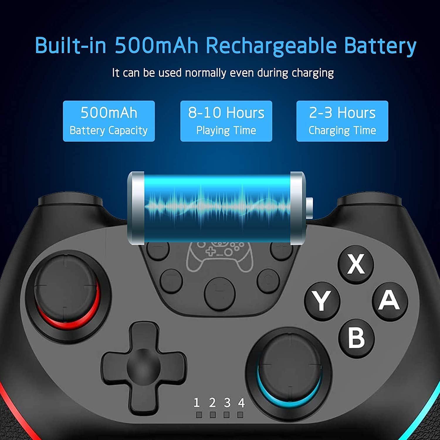 Communicates the battery specifications and performance metrics to reassure shoppers about the controller's long playing time and quick recharge capability. Highlights the convenience of the…