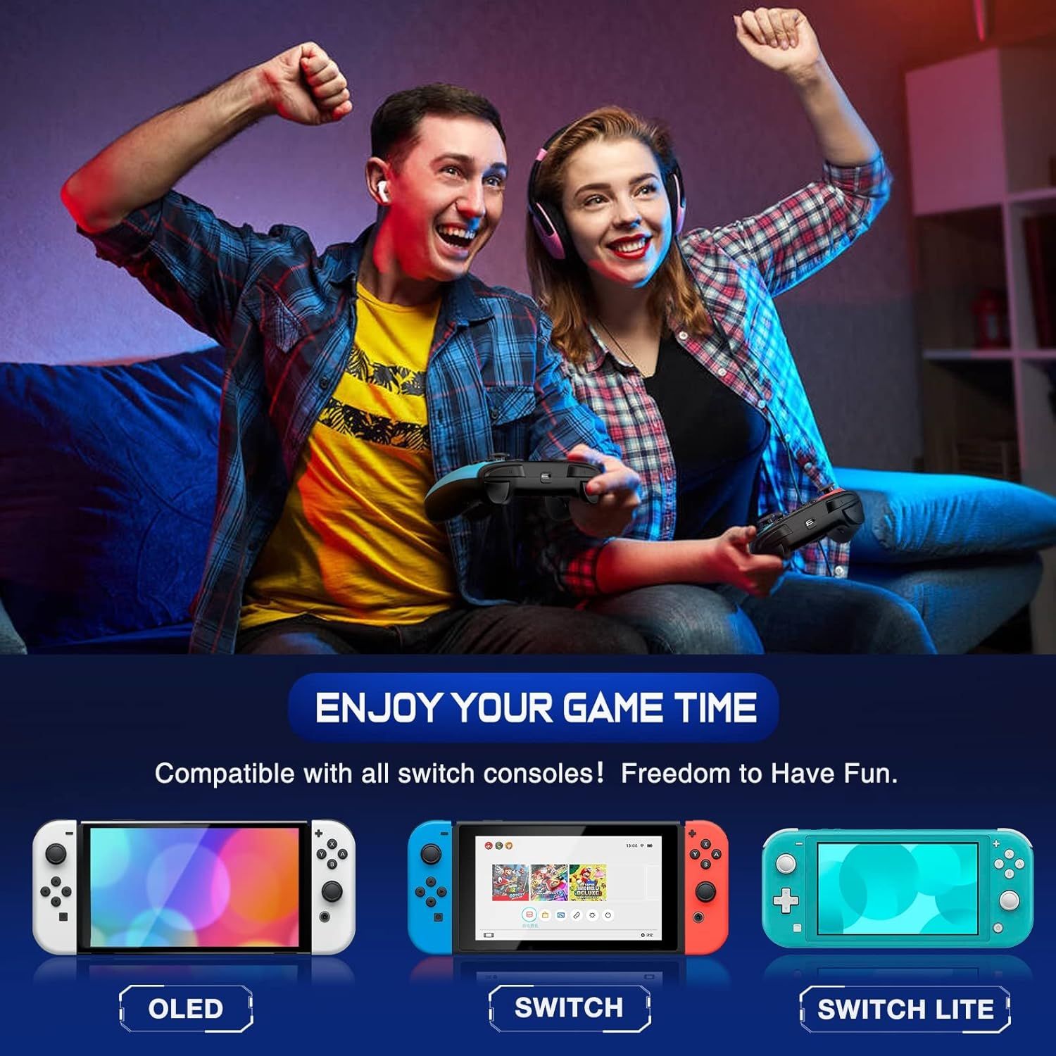 Demonstrates that the product is compatible with multiple Nintendo Switch console models (OLED, standard Switch, and Switch Lite), reassuring shoppers of broad device compatibility.