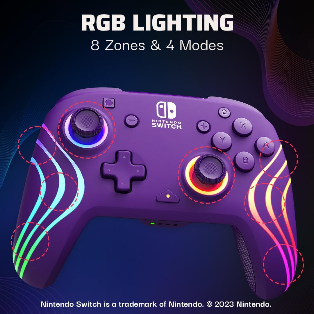 Highlights the multiple RGB lighting zones across the controller (8 zones with 4 modes) to showcase the customizable aesthetic and gaming ambiance features. Communicates the controller's…