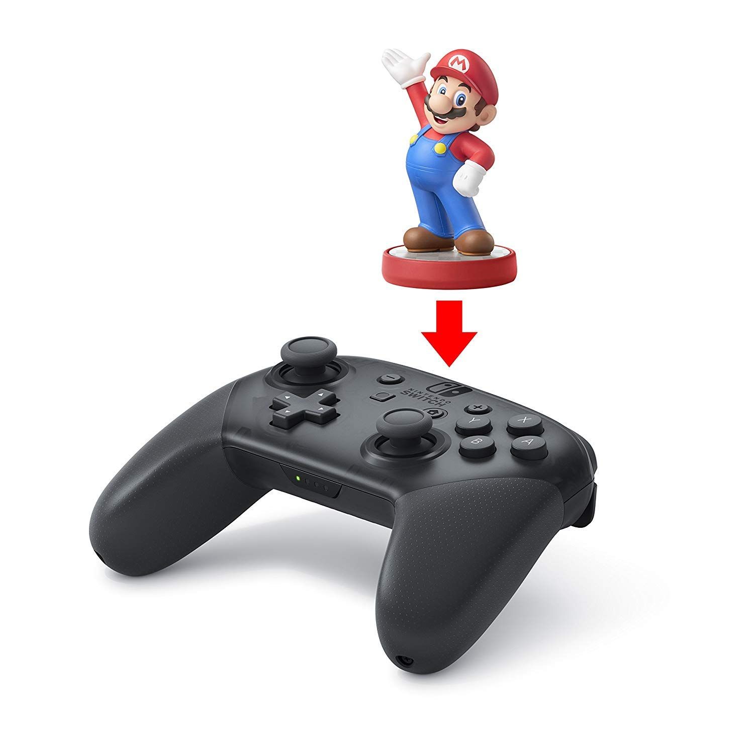 Demonstrates how the Amiibo figure connects to the controller, showing shoppers the simple setup process for using Amiibo functionality with the gaming controller. Highlights the controller's Amiibo…