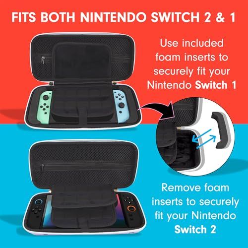 Demonstrates that the carrying case is compatible with both Nintendo Switch 1 and Nintendo Switch 2 models, using adjustable foam inserts to fit either device securely. Shows users how to adjust the…