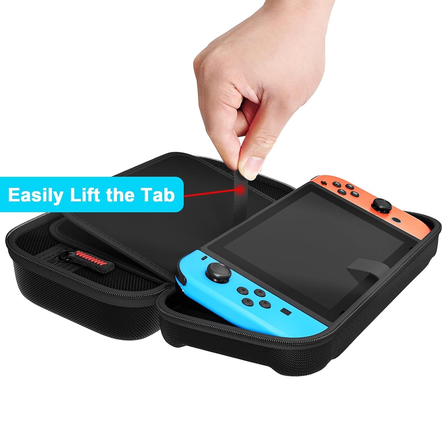 Demonstrates the easy-open tab feature of the carrying case, reassuring shoppers that accessing their device is quick and convenient.