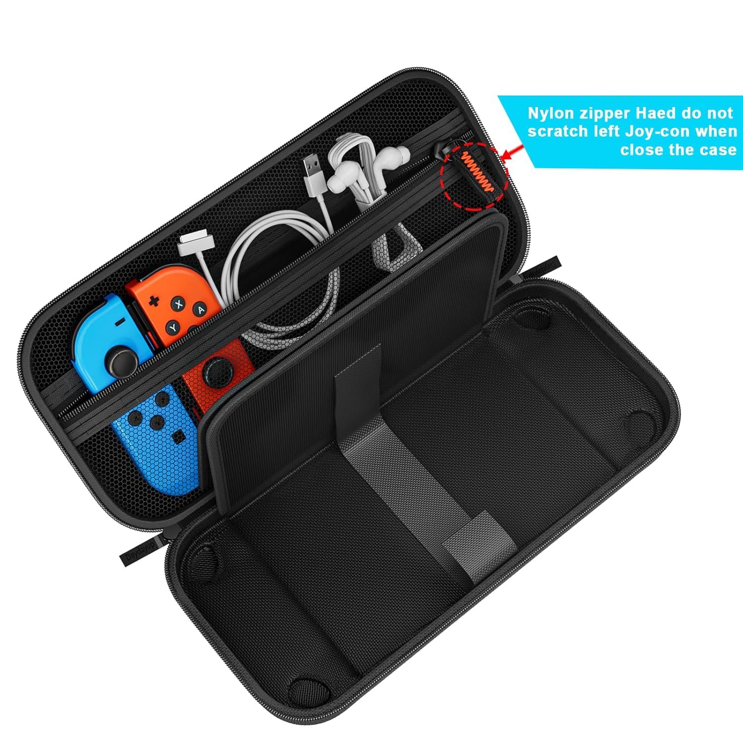 Highlights the protective nylon zipper feature that prevents scratching the left Joy-con when closing the case, reassuring shoppers about the product's thoughtful design and safety for their gaming…